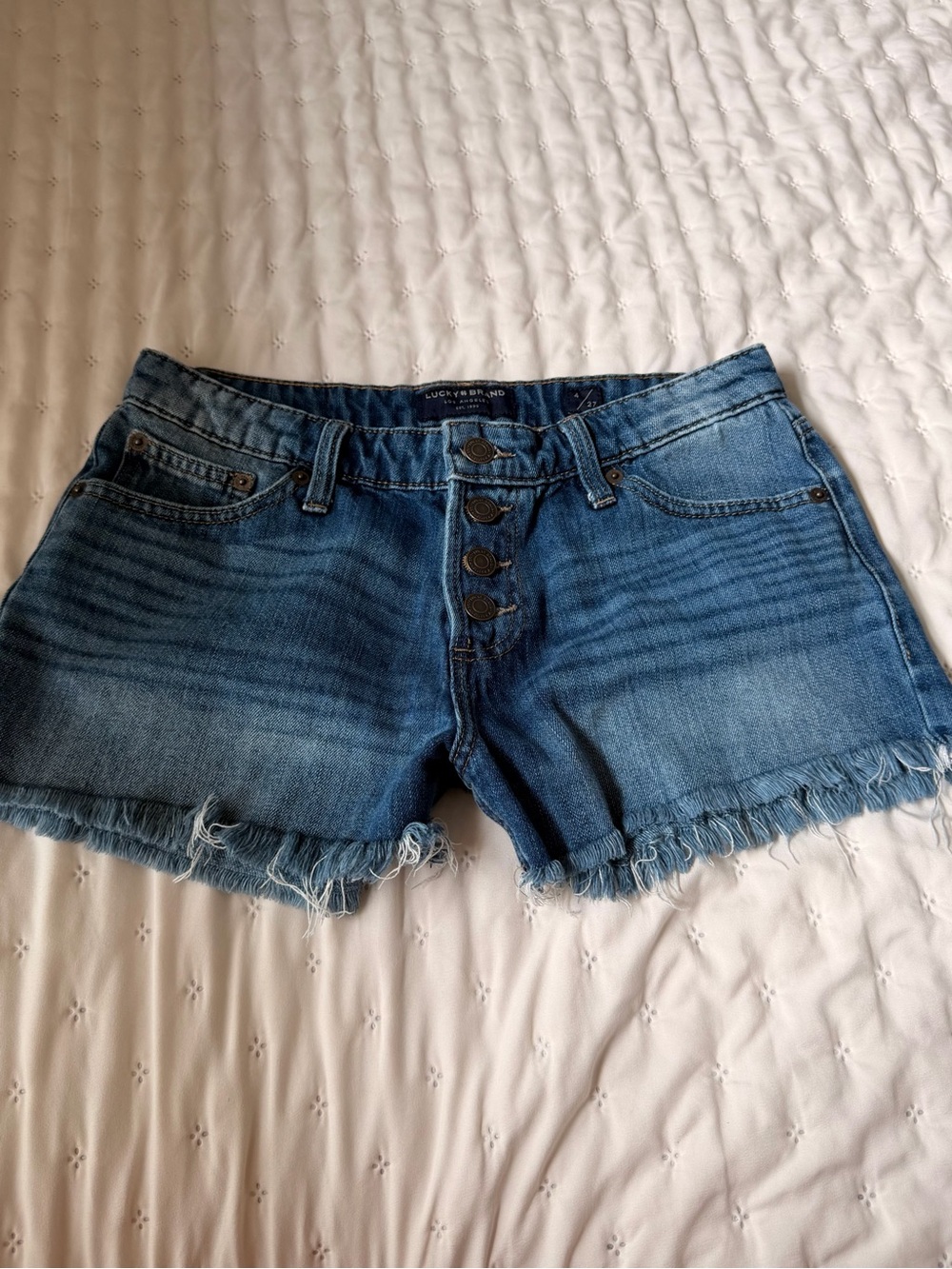 Lucky Brand Medium Blue Button-Front Frayed Hem Denim Shorts